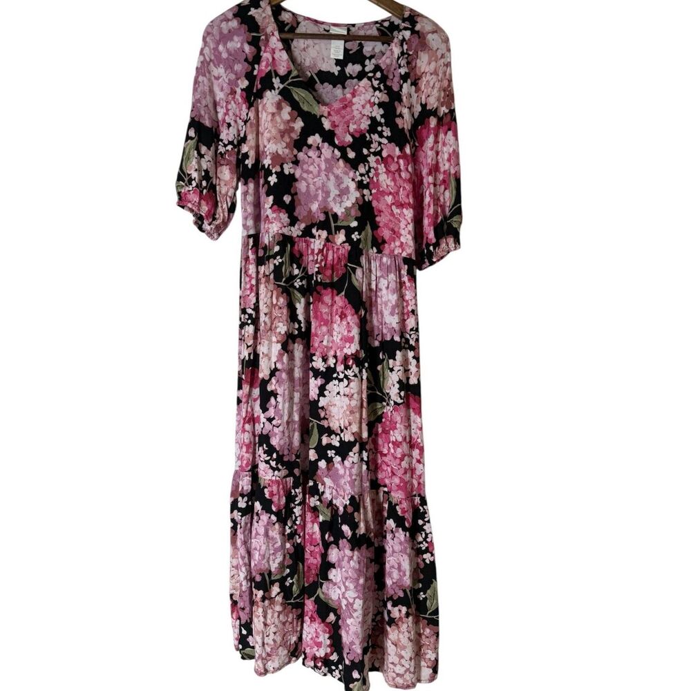 H&M Tiered Floral Maxi Dress Womens Sz XS Puff Sleeve Cottagecore Feminine
